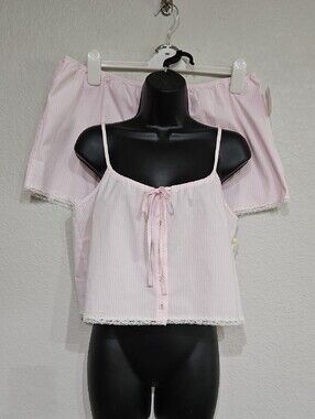 SKIMS NWOT |Women's Pink White Striped Lace-Trim Loungewear Pajama Shorts Set XL